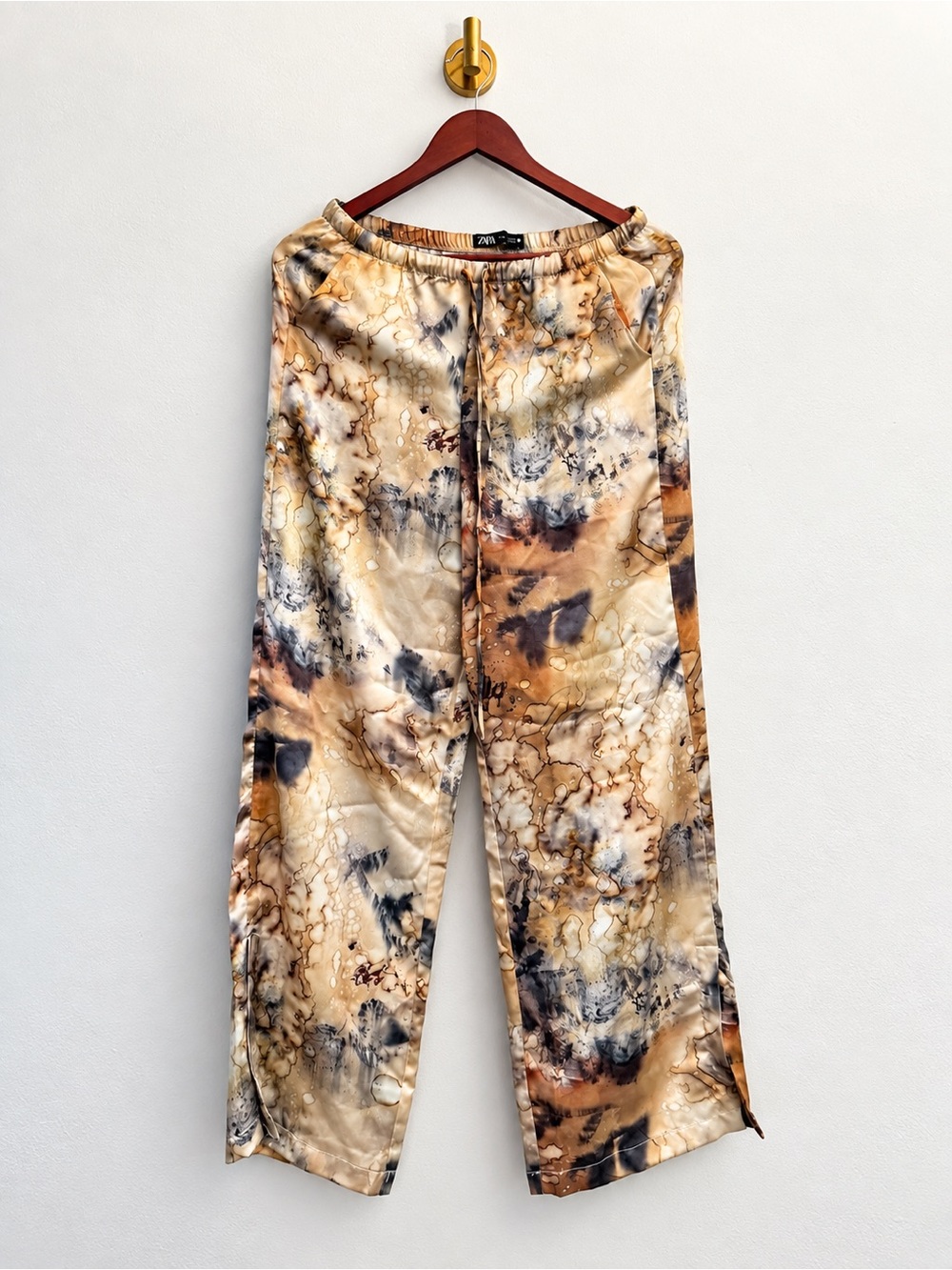 ZARA Satin Marble Print Wide Leg Pants Size
